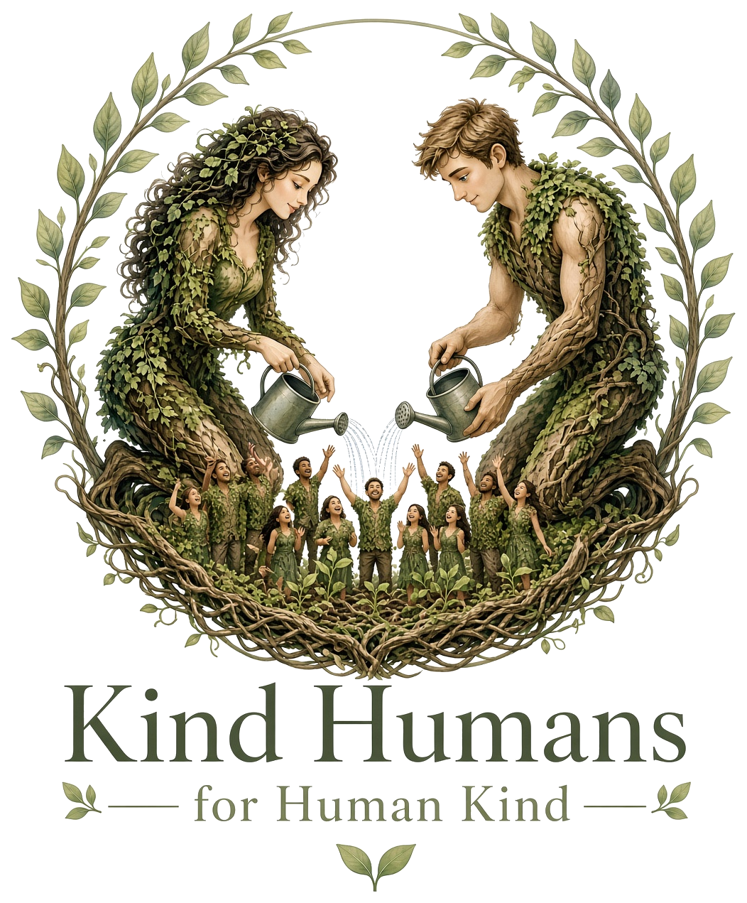 Kind Humans mark: two vine-covered figures water a small crowd standing in the roots.
